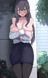Rule 34 | 1girl, absurdres, black hair, black pantyhose, blue skirt, blush, breast hold, breasts, collarbone, commentary request, day, dress shirt, exhibitionism, green eyes, hair between eyes, highres, holding, large breasts, long hair, necktie, office lady, open clothes, open mouth, open shirt, original, outdoors, pants, pantyhose, pencil skirt, public indecency, public nudity, shirt, skirt, solo, standing, sweat, thighs, very long hair, wall, yuzuki himuka