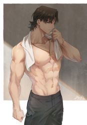 Rule 34 | 1boy, absurdres, brown hair, cowboy shot, cross, cross necklace, fate/grand order, fate (series), highres, jewelry, kotomine kirei, male focus, muscular, muscular male, necklace, nipples, okonon (kado colda), pectorals, short hair, solo, sweat, topless male, wiping