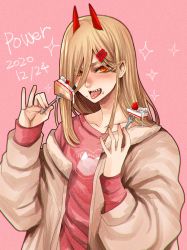 Rule 34 | + +, 1girl, :d, blonde hair, blush, cake, cake slice, chainsaw man, character name, cross-shaped pupils, dated, food, food on face, fork, grey jacket, hair between eyes, highres, holding, holding fork, horns, hoshi san 3, jacket, long hair, long sleeves, looking at viewer, off shoulder, open mouth, pink background, pink shirt, power (chainsaw man), red eyes, shirt, smile, solo, sparkle, symbol-shaped pupils, tongue, tongue out