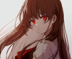 Rule 34 | 1girl, ascot, brown hair, expressionless, grey background, ib (ib), ib (kouri), long hair, looking at viewer, nozz177, portrait, red ascot, red eyes, simple background, solo