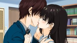 Rule 34 | 1boy, 1girl, aged down, black hair, blush, bookshelf, brown hair, cafe stella to shinigami no chou, close-up, commentary, couple, french kiss, from side, hair between eyes, hair down, half-closed eyes, hand on another&#039;s cheek, hand on another&#039;s face, hand up, hands on another&#039;s chest, hetero, highres, indoors, kiss, long hair, looking at another, no eyes, profile, sailor collar, saliva, school uniform, serafuku, shiki natsume, short hair, sidelocks, takaaya80676981, takamine kousei, tongue, tongue out, white sailor collar, yellow eyes
