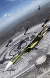 Rule 34 | absurdres, ace combat, ace combat 04, aerial battle, aircraft, airplane, battle, building, cannon, cloud, crater, dogfight, f-22, fighter jet, fire, firing, highres, in-universe location, jet, magnetic weapon, military, military vehicle, mobius 1, namco, no humans, pilot, railgun, signature, sky, smoke, stonehenge (ace combat), su-37, thompson (solowingfh), vehicle focus, yellow 4