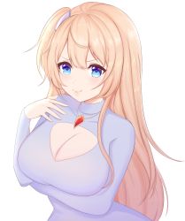 Rule 34 | 1girl, absurdres, arm under breasts, blonde hair, blue eyes, blush, breasts, collarbone, commentary, english commentary, hand on own shoulder, highres, hime hajime, jewelry, large breasts, looking at viewer, necklace, smile, solo, sylliah (artist), upper body, v-shaped eyebrows, virtual youtuber, vshojo, white background