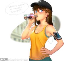 Rule 34 | 1girl, bare arms, bare shoulders, baseball cap, black hat, blue eyes, blush, bra, bra peek, breasts, brooke (mleth), brown hair, cellphone, coca-cola, collarbone, commentary, drinking, earbuds, earphones, english commentary, english text, freckles, glass bottle, hair between eyes, hand on own hip, hat, highres, long hair, mleth, original, outline, phone, profanity, simple background, small breasts, smartphone, solo, speech bubble, tank top, underwear, upper body, watermark, web address, white background, white outline, yellow tank top
