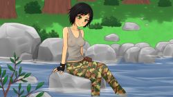 Rule 34 | 1girl, andrea (army gals), army gals, black hair, breasts, female focus, forest, green eyes, highres, nature, navel, outdoors, pants, partially submerged, plant, river, see-through, shirt, sitting, solo, tree, water
