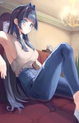 Rule 34 | 1girl, absurdres, alarm clock, armpits, blue eyes, blue hair, blunt bangs, breasts, chandelier, clock, couch, denim, dotthebot, earrings, feet out of frame, hair intakes, highres, hololive, hololive english, jeans, jewelry, knee up, large breasts, long hair, looking at viewer, official alternate costume, on couch, ouro kronii, ouro kronii (casual), pants, sideboob, sitting, torn clothes, torn jeans, torn pants, very long hair, virtual youtuber