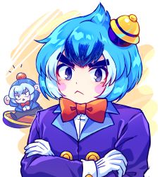 Rule 34 | :&lt;, black hair, black pants, blue hair, blush stickers, bow, bowtie, brawl stars, character request, chibi, closed mouth, crossed arms, gloves, highres, jacket, kaoling, long sleeves, looking at viewer, multicolored hair, pants, parted lips, purple eyes, purple jacket, red bow, red bowtie, shirt, sleeves past wrists, streaked hair, thick eyebrows, triangle mouth, white gloves, white shirt