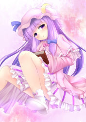 Rule 34 | 1girl, blush, book, crescent, dress, female focus, gajt69, hat, highres, long hair, open mouth, panties, patchouli knowledge, purple eyes, purple hair, shoes, striped clothes, striped panties, touhou, underwear