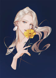 Rule 34 | 1girl, blonde hair, blue background, blue eyes, earrings, flower, holding, holding flower, jewelry, long hair, looking to the side, nail polish, original, parted bangs, parted lips, ranunculus, smile, solo, suda ayaka, yellow nails