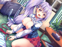 Rule 34 | 1girl, :d, armband, asa no ha (awayuki), bag, between legs, blush, breasts, clothes lift, curtains, eyelashes, fingernails, hair ornament, hair ribbon, hairclip, hand between legs, highres, indoors, large breasts, light purple hair, long fingernails, long hair, long sleeves, looking at viewer, magazine (object), miniskirt, nail polish, necktie, no bra, one side up, open mouth, orange eyes, original, pink nails, plaid, plaid skirt, plant, pleated skirt, potted plant, purple hair, red necktie, red skirt, ribbon, sailor collar, school bag, school uniform, shirt, shirt lift, sitting, skirt, smile, solo, striped necktie, striped neckwear, table, tissue, tissue box, tongue, unworn necktie, very long hair, white ribbon, white sailor collar, white shirt, window