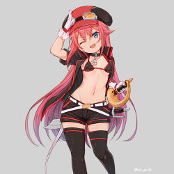 Rule 34 | 1girl, anchor choker, arm up, black hat, black jacket, black shorts, black thighhighs, blue eyes, blush, character request, choker, copyright request, cutlass, gloves, goggles, goggles on headwear, grey background, hat, head tilt, holding, holding sword, holding weapon, jacket, long hair, multicolored clothes, multicolored hat, navel, nyifu, open mouth, pink hair, red hat, short shorts, short sleeves, shorts, simple background, smile, solo, sword, teeth, thighhighs, twitter username, upper teeth only, very long hair, weapon, white gloves