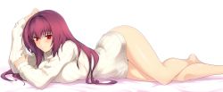 Rule 34 | 1girl, bare legs, barefoot, blush, breasts, closed mouth, dakimakura (medium), fate/grand order, fate (series), hair between eyes, hair intakes, halcon, hand on own head, highres, hip focus, large breasts, long hair, lying, no pants, on side, purple hair, red eyes, ribbed sweater, scathach (fate), scathach (fate), simple background, sleeves past wrists, smile, solo, sweater, turtleneck, turtleneck sweater, white background
