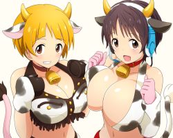 Rule 34 | 10s, 2girls, animal ears, animal print, arm warmers, asymmetrical docking, bad id, bad pixiv id, bell, blonde hair, blush, breast press, breasts, brown eyes, brown hair, cleavage, collar, collarbone, cow ears, cow horns, cow print, cow tail, elbow gloves, fake animal ears, fake horns, fukuda noriko, gloves, grin, headset, hooves, horns, huge breasts, idolmaster, idolmaster cinderella girls, idolmaster million live!, looking at viewer, midriff, multiple girls, nash (na-si), navel, neck bell, oikawa shizuku, short hair, simple background, smile, tail, white background