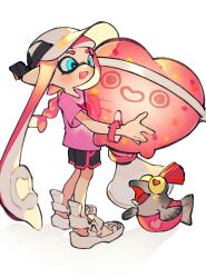 Rule 34 | 1girl, baseball cap, black shorts, braid, dolphin shorts, fang, full body, hat, heart, heart-shaped pupils, highres, holding, holding weapon, inari1369, inkling, inkling girl, inkling player character, long hair, nintendo, open mouth, pink hair, pink shirt, pink trim, pink wristband, salmonid, shirt, shoes, shorts, single braid, skin fang, smallfry (splatoon), splatoon (series), splatoon 3, super chump (splatoon), symbol-shaped pupils, tentacle hair, very long hair, weapon, white background, white footwear, white headwear, wristband