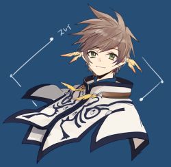 Rule 34 | 10s, 1boy, blue background, brown hair, cape, character name, closed mouth, earrings, feather earrings, feathers, green eyes, jewelry, looking at viewer, male focus, messy hair, smile, solo, sorey (tales), tales of (series), tales of zestiria, upper body, white cape, yurichi (artist)