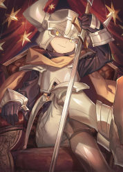 Rule 34 | 1girl, arm up, armchair, armor, bad id, bad pixiv id, black gloves, black shirt, breastplate, cape, chair, crossed legs, eyes visible through headwear, fake horns, faulds, gauntlets, gloves, grey pants, head tilt, helmet, highres, holding, horned helmet, horns, knee guards, looking at viewer, mobile, original, pants, pauldrons, plate armor, shichigatsu, shirt, shoulder armor, sitting, smile, solo, star (symbol), sword, weapon, yellow cape, yellow eyes