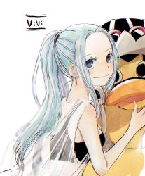 Rule 34 | 1girl, bird, black eyes, blue eyes, blue hair, bra, character name, commentary, duck, earrings, goggles, goggles on headwear, hat, highres, jewelry, karoo (one piece), looking at another, looking at viewer, nefertari vivi, nekochanko1, one piece, ponytail, profile, see-through, sidelocks, simple background, smile, underwear, upper body, white background