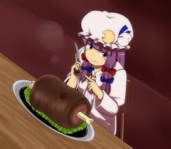 Rule 34 | 1girl, :t, bad id, bad pixiv id, blush stickers, boned meat, bow, crescent, dress, eating, female focus, food, fork, hair bow, hat, highres, kaauchi, kauti000, knife, long hair, meat, patchouli knowledge, purple eyes, purple hair, solo, touhou