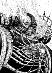 Rule 34 | 1boy, adeptus astartes, armor, burning, chaos (warhammer), commentary, english commentary, full armor, greyscale, highres, looking at viewer, monochrome, pauldrons, shoulder armor, solo, space marine, upper body, warhammer 40k, y naf