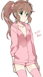 Rule 34 | 1girl, bad id, bad pixiv id, breasts, brown hair, cardigan, cleavage, collarbone, green eyes, hair ornament, long hair, no bra, open cardigan, open clothes, original, pink shorts, pink sweater, pink thighhighs, ponytail, shorts, simple background, small breasts, solo, sweater, thighhighs, white background, ycco (estrella)