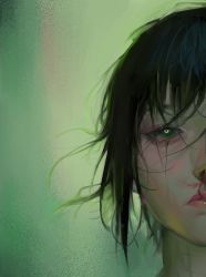 Rule 34 | 1girl, black hair, blood, blood on face, cracked skin, godekasu, green background, green eyes, green theme, highres, messy hair, negative space, original, parted lips, portrait, red lips, short hair, solo