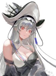 Rule 34 | 1girl, arknights, bare shoulders, black dress, breasts, cleavage, commentary request, dress, grey hair, hair between eyes, hat, highres, jiaoyu, long hair, long sleeves, looking at viewer, medium breasts, red eyes, simple background, solo, specter (arknights), specter the unchained (arknights), upper body, very long hair, white background