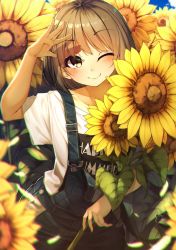 Rule 34 | 1girl, ;), absurdres, arm up, bad id, bad pixiv id, blue sky, blurry, blurry foreground, blush, brown eyes, brown hair, closed mouth, clothes writing, cloud, collarbone, commentary request, day, depth of field, field, fingernails, flower, flower field, highres, long hair, looking at viewer, one eye closed, original, outdoors, overalls, rerrere, shirt, short sleeves, sky, smile, solo, sunflower, sunflower field, t-shirt, white shirt, wide sleeves, yellow flower