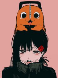 Rule 34 | 1girl, :o, bags under eyes, black hair, blush, bright pupils, chainsaw man, geromi (st 3924), hair ornament, hairclip, higashiyama kobeni, highres, looking at another, looking at viewer, mole, mole under eye, on head, pochita (chainsaw man), portrait, simple background, single sidelock, tongue, tongue out