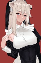 Rule 34 | 1girl, absurdres, animal ears, armpits, blue eyes, blush, breasts, closed mouth, commentary, cross, earrings, habit, hair between eyes, highres, hololive, jewelry, large breasts, leotard, lion ears, long hair, looking at viewer, nun, off shoulder, red background, shishiro botan, simple background, solo, tomj, undressing, virtual youtuber, white hair