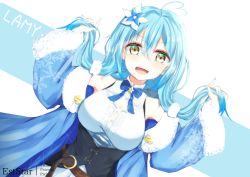 Rule 34 | 1girl, :d, ahoge, aties20, blue background, blue bow, blue flower, blue hair, blue jacket, blush, bow, breasts, brown eyes, character name, cleavage, cleavage cutout, clothing cutout, commentary, fangs, flower, fur-trimmed sleeves, fur trim, hair between eyes, hair flower, hair ornament, hands up, heart, heart ahoge, holding, holding own hair, hololive, jacket, large breasts, long hair, long sleeves, looking at viewer, multicolored hair, off shoulder, open clothes, open jacket, open mouth, shirt, skirt, sleeveless, sleeveless shirt, smile, solo, streaked hair, teeth, two-tone background, upper teeth only, virtual youtuber, white background, white flower, white shirt, white skirt, wide sleeves, yukihana lamy