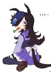Rule 34 | 1girl, animal ears, black hair, black thighhighs, blue flower, blue hat, blue rose, brown footwear, carrot, flower, food in mouth, hair over one eye, haramaki (haranomaki), hat, highres, horse ears, horse girl, horse tail, loafers, long hair, looking at viewer, looking back, mouth hold, pleated skirt, purple eyes, purple sailor collar, purple skirt, rice shower (umamusume), rose, sailor collar, school uniform, serafuku, shoes, sitting, skirt, solo, sweat, sweatdrop, tail, thighhighs, tilted headwear, tracen school uniform, umamusume, wariza, white background, winter uniform