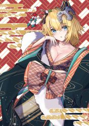 Rule 34 | 1girl, :o, absurdres, blonde hair, blue eyes, blush, breasts, cleavage, collarbone, commentary request, fate/grand order, fate (series), hair ornament, hair stick, hand on own cheek, hand on own face, highres, japanese clothes, jeanne d&#039;arc (fate), jeanne d&#039;arc (ruler) (fate), kimono, large breasts, long hair, nuts (hazel-nuts), obi, oiran, sash, solo