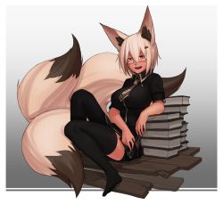 Rule 34 | 1girl, absurdres, animal ears, black shirt, black thighhighs, blonde hair, book, book stack, fox ears, fox tail, glasses, hair ornament, hairclip, highres, kitsune, less, looking at viewer, multiple tails, necktie, no shoes, open mouth, original, pen, pink eyes, semi-rimless eyewear, shirt, short hair, sitting, skirt, solo, tail, thighhighs, under-rim eyewear