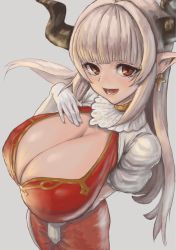 Rule 34 | 10s, 1girl, alicia (granblue fantasy), breasts, cleavage, cow girl, cow horns, cross, cross earrings, draph, dress, earrings, female focus, from above, gloves, granblue fantasy, horns, huge breasts, jewelry, long hair, looking at viewer, open mouth, pointy ears, red eyes, silver hair, simple background, solo, standing, tomiokasena, upper body, white gloves
