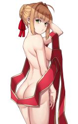 Rule 34 | 1girl, ahoge, arm up, ass, back, blonde hair, braid, braided bun, breasts, closed mouth, collarbone, cowboy shot, earrings, fate/grand order, fate (series), from side, green eyes, hair bun, hair intakes, hair ribbon, hand in own hair, hand on own head, jewelry, long hair, looking at viewer, looking to the side, medium breasts, michihasu, nero claudius (fate), nero claudius (fate) (all), nero claudius (fate/extra), nude, official alternate costume, pouty lips, red ribbon, ribbon, shawl, shiny skin, short hair, sidelocks, simple background, single hair bun, smile, solo, standing, tsurime, twintails, white background