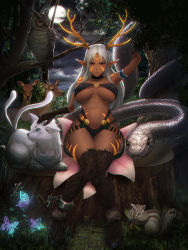 Rule 34 | 1girl, abs, animal, antlers, arm garter, bird, breasts, chain, cuffs, dark-skinned female, dark skin, deer, deere, facial mark, flower, forest, full moon, grass, highres, hooves, horns, large breasts, long hair, looking at viewer, minami koyogi, monster girl, moon, nature, night, night sky, o-ring, o-ring top, original, owl, red eyes, silver hair, sky, snake, solo, squirrel, tree, tree stump