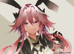 Rule 34 | 1boy, animal ears, artist name, astolfo (fate), astolfo (saber) (fate), astolfo (saber) (third ascension) (fate), bad id, bad pixiv id, black bow, black gloves, black ribbon, bow, bowtie, closed mouth, fate/grand order, fate (series), gloves, hair between eyes, hair bow, hair intakes, hair ornament, hair ribbon, happy, kuu 1999, long hair, long sleeves, looking at viewer, low twintails, male focus, multicolored hair, pink hair, purple eyes, rabbit ears, rabbit hair ornament, ribbon, simple background, smile, solo, streaked hair, thighhighs, tongue, tongue out, trap, twintails, twitter username, upper body