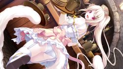 Rule 34 | 1girl, ass, bare shoulders, blonde hair, cup, dutch angle, eushully, from behind, game cg, garter straps, happy, holding, kami no rhapsody, legs, long hair, looking back, mitsuki, open mouth, panties, ponytail, red eyes, restaurant, rishe, skirt, smile, solo, standing, sweatdrop, tail, thighhighs, thighs, tray, underwear, waitress, white panties, yakuri