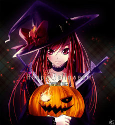 Rule 34 | 00s, 1girl, achiba, choker, dress, erza scarlet, fairy tail, halloween, happy halloween, hat, jack-o&#039;-lantern, long hair, looking at viewer, pumpkin, red eyes, red hair, signature, solo, sword, weapon, witch, witch hat