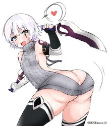 Rule 34 | 1girl, ass, bandaged arm, bandages, bare shoulders, black thighhighs, bookmoun10, breasts, butt crack, curvy, dagger, dual wielding, facial scar, fate/apocrypha, fate (series), female focus, fingerless gloves, gloves, heart, highres, hip focus, holding, holding dagger, holding knife, holding weapon, huge ass, jack the ripper (fate/apocrypha), knife, looking back, meme attire, open mouth, scar, scar across eye, scar on cheek, scar on face, short hair, shoulder tattoo, silver hair, simple background, small breasts, solo, spoken heart, tattoo, teeth, thick thighs, thighhighs, thighs, tongue, upper teeth only, virgin killer sweater, weapon, white background, wide hips