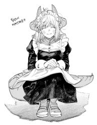 Rule 34 | 1girl, ^ ^, apron, blush, bob cut, closed eyes, dragon girl, dragon horns, dragon tail, dungeon meshi, facing viewer, falin touden, greyscale, happy, horns, maid, maid headdress, messy hair, monochrome, own hands together, shoes, short hair, simple background, smile, solo, squatting, tail, wawa (wawawa0080), white background