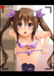 Rule 34 | 1girl, bad id, bad pixiv id, bent over, black thighhighs, blush, bra, brown hair, chiro, collarbone, female focus, female pubic hair, himekaidou hatate, long hair, open mouth, panties, panty pull, pink eyes, pointy ears, pubic hair, recording, solo, sweatdrop, thighhighs, touhou, twintails, underwear, underwear only, undressing, viewfinder
