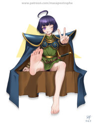 Rule 34 | 1girl, :p, ahoge, armor, barefoot, breastplate, cape, feet, light blush, looking at viewer, maxa&#039;, medium hair, one eye closed, original, purple eyes, soles, sword, toes, tongue, tongue out, v, weapon