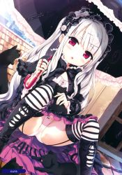 Rule 34 | 1girl, absurdres, black bow, black cat, blush, boots, bow, bow panties, cat, center frills, chestnut mouth, crotch seam, cura, earrings, eyepatch, eyepatch lift, flower, frills, garter straps, gothic lolita, hairband, highres, jewelry, lolita fashion, lolita hairband, long hair, looking at viewer, panties, pantyshot, parasol, red eyes, rose, sitting, solo, striped clothes, striped thighhighs, thighhighs, umbrella, underwear, white background, white panties