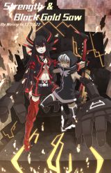 Rule 34 | 10s, 2girls, armor, black gold saw, black rock shooter, boots, greaves, highres, hood, horns, king saw, long hair, mechanical arms, midriff, multiple girls, navel, pale skin, red eyes, short hair, shorts, single mechanical arm, strength (black rock shooter), sword, tail, thighhighs, weapon, wenny02, yellow eyes