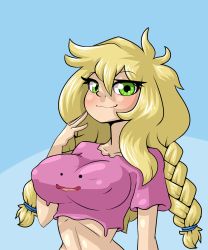 Rule 34 | 1girl, blonde hair, blue background, blush, borrowed character, braid, breasts, collarbone, covered erect nipples, creatures (company), crop top, ditto, female focus, game freak, gen 1 pokemon, green eyes, hair tie, half-closed eyes, hand up, highres, large breasts, limebreaker, living clothes, long hair, looking at viewer, nintendo, original, pink shirt, pokemon, pokemon (creature), pokemon rgby, shirt, short sleeves, simple background, smile, twin braids, two-tone background, upper body