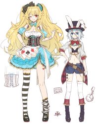 Rule 34 | 2girls, alice (alice in wonderland), alice (alice in wonderland) (cosplay), alice in wonderland, animal ears, anne bonny (fate), blonde hair, blue eyes, blush, breasts, chocoan, cleavage, cosplay, fate/grand order, fate (series), full body, gloves, hat, large breasts, long hair, looking at viewer, mary read (fate), midriff, multiple girls, one eye closed, rabbit ears, red eyes, scar, short hair, silver hair, small breasts, smile, standing, top hat, twintails, very long hair, white rabbit (alice in wonderland), white rabbit (cosplay)