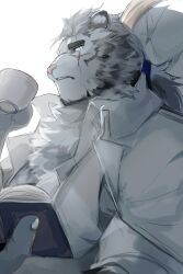 Rule 34 | 1boy, absurdres, arknights, bara, book, collared shirt, cup, highres, holding, holding book, holding cup, large pectorals, long hair, looking at viewer, male focus, mature male, mountain (arknights), mountain (book reader) (arknights), muscular, muscular male, neck fur, partially unbuttoned, pectoral cleavage, pectorals, shabi96522, shirt, sideways glance, solo, thick eyebrows, upper body, white shirt