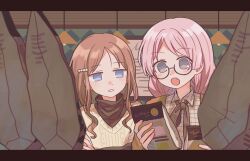 Rule 34 | 2girls, artist request, bang dream!, bang dream! it&#039;s mygo!!!!!, blue eyes, brown hair, brown jacket, brown ribbon, brown sweater, chihaya anon, collared shirt, commentary, commission, detached sleeves, fang, glasses, grey eyes, hair ornament, hairclip, holding, indoors, jacket, jitome, knit sweater, lamp, long hair, multiple girls, nagasaki soyo, neck ribbon, open mouth, pink hair, ribbon, second-party source, shirt, sweater, symbol-only commentary, turtleneck, undone neck ribbon