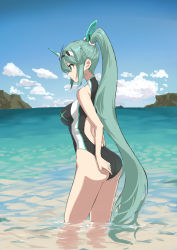 Rule 34 | 1girl, absurdres, alternate costume, aotsuba, ass, breasts, competition swimsuit, green eyes, green hair, highres, large breasts, long hair, ocean, one-piece swimsuit, pneuma (xenoblade), ponytail, solo, swept bangs, swimsuit, tiara, very long hair, water, xenoblade chronicles (series), xenoblade chronicles 2